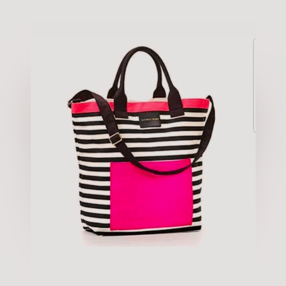 Victoria’s Secret Canvas Black White Striped Pink Pocket Tote Bag 16.5”x20” NWOT